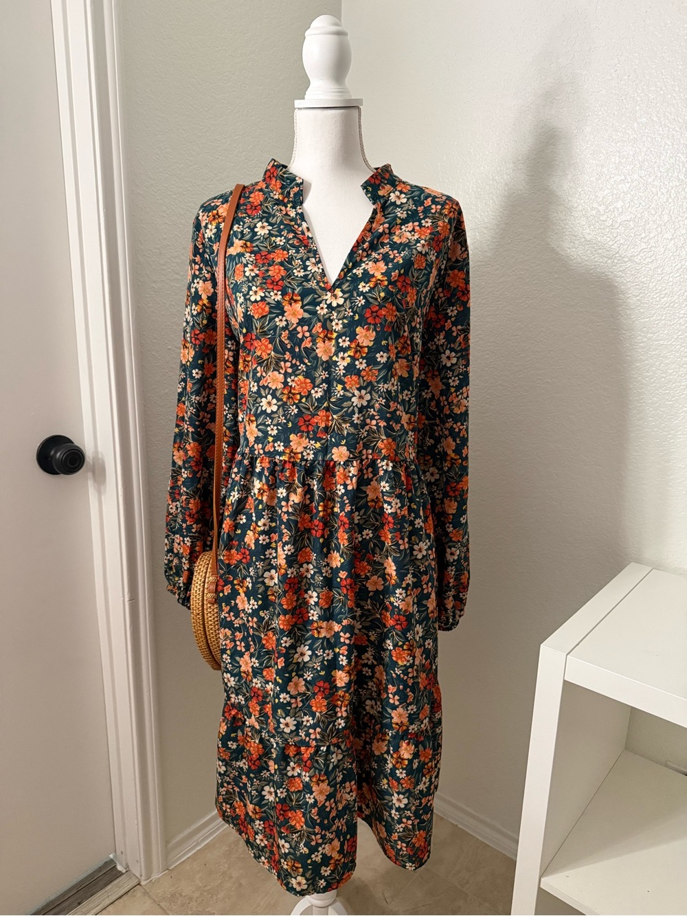 SHEIN Dark Green Floral Long Sleeve Midi Dress with Orange Accents